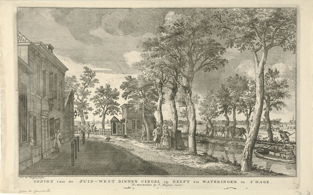 Widok na południowo-zachodni Binnensingel (Zuidwal) w Hadze Widok Zuid-West Binnen Cingel na Delft i Wateringen w Hadze (tytuł na obiekcie) Osiem twarzy w Hadze (tytuł serii) autorstwa Paulus Constantijn la Fargue