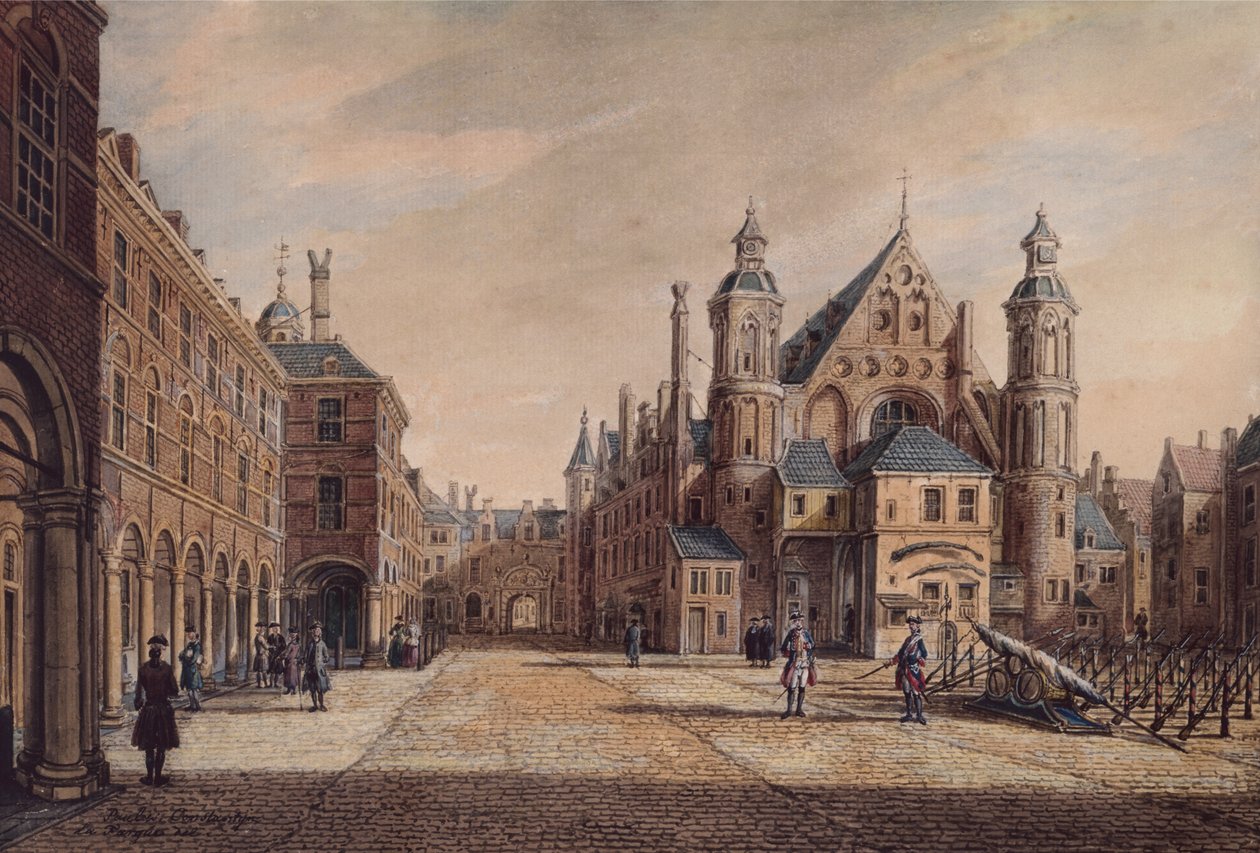 Widok na Binnenhof, Haga (akwarela) autorstwa Paulus Constantin La Fargue