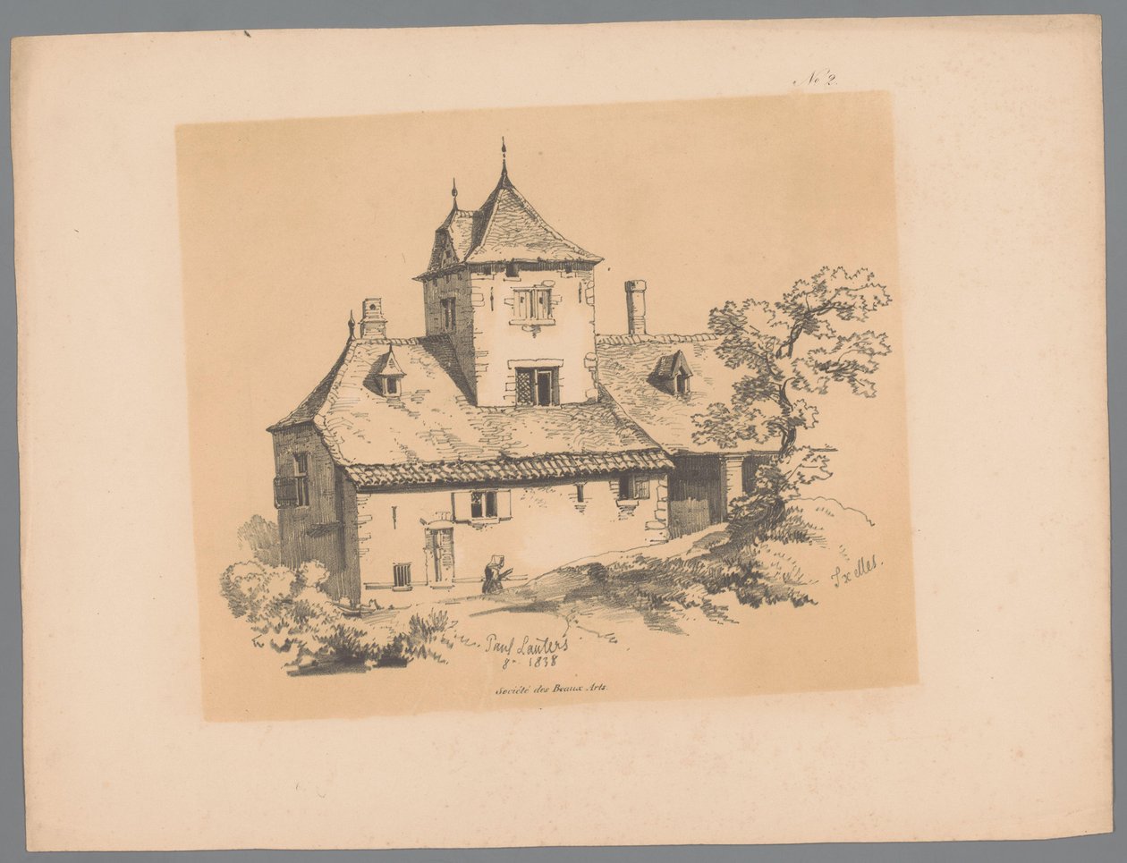 Widok wiejskiego domu w Ixelles Ixelles (tytuł na obiekcie) Malownicze twarze Paulusa Lautersa (tytuł serii) Etrennes pittoresques pour 1839, par Lauters (tytuł serii) autorstwa Paulus Lauters