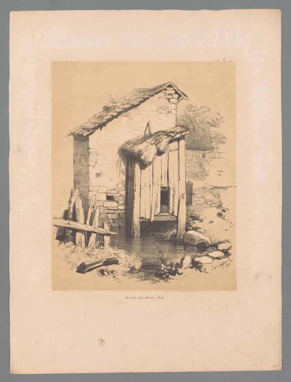 Widok stodoły na wodzie Forêt (tytuł na obiekcie) Malownicze twarze Paulusa Lautersa (tytuł serii) Etrennes pittoresques pour 1839, par Lauters (tytuł serii) autorstwa Paulus Lauters