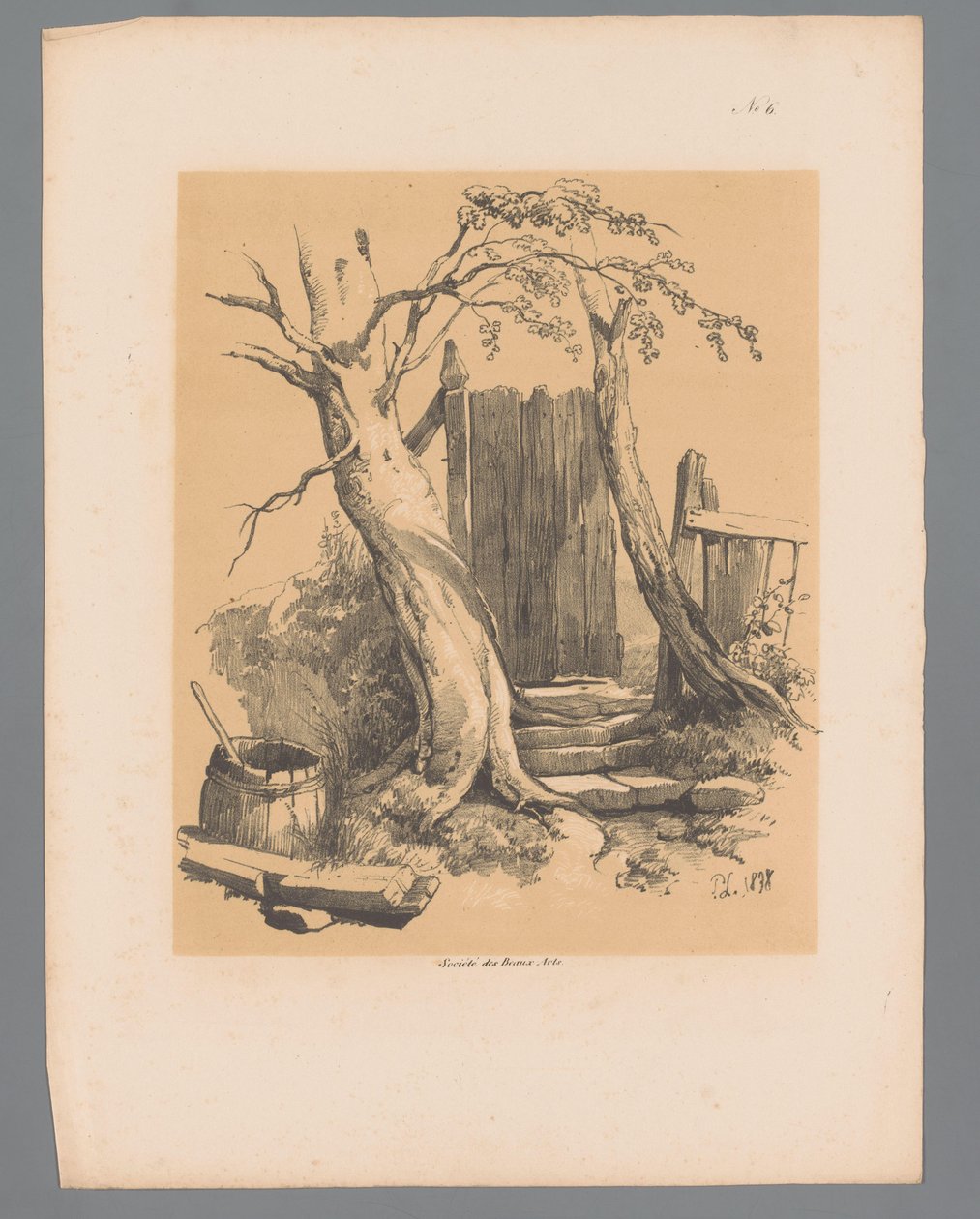 Ogrodzenie między dwoma drzewami Malownicze twarze Paulusa Lautersa (tytuł serii) Etrennes pittoresques pour 1839, par Lauters (tytuł serii) autorstwa Paulus Lauters