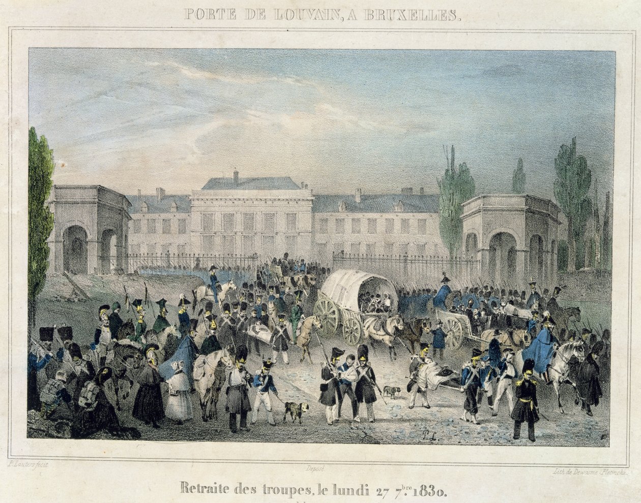 Porte de Louvain, Bruksela: Odwrót wojsk holenderskich, 27 września 1830, grawerowane przez Dewasme-Pletinckxa autorstwa Paulus Lauters