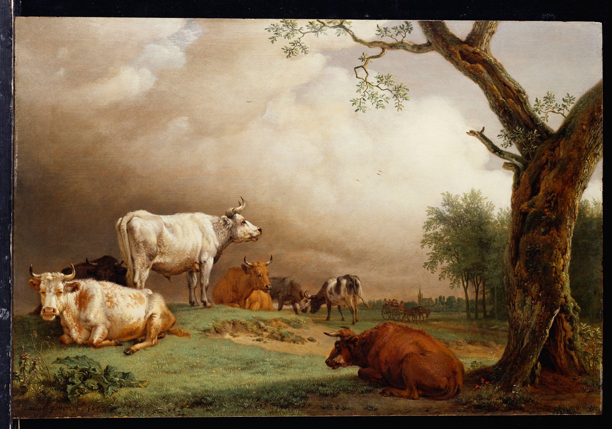 Bydło na polu, z podróżnikami w wozie na torze za nim i wieżą kościoła w oddali, zbliżająca się burza, 1652 autorstwa Paulus Potter