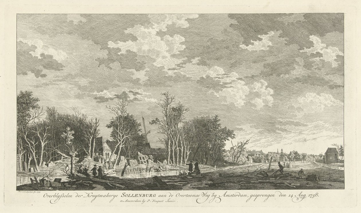 Ruiny fabryki prochu w Sollenburgu po wybuchu 14 sierpnia 1758 r. Szczątki kruytmakerye Sollenburg w Overtoomse Weg koło Amsterdamu, skoczył 15 sierpnia 1758 (tytuł na obiekcie) autorstwa Paulus van Liender