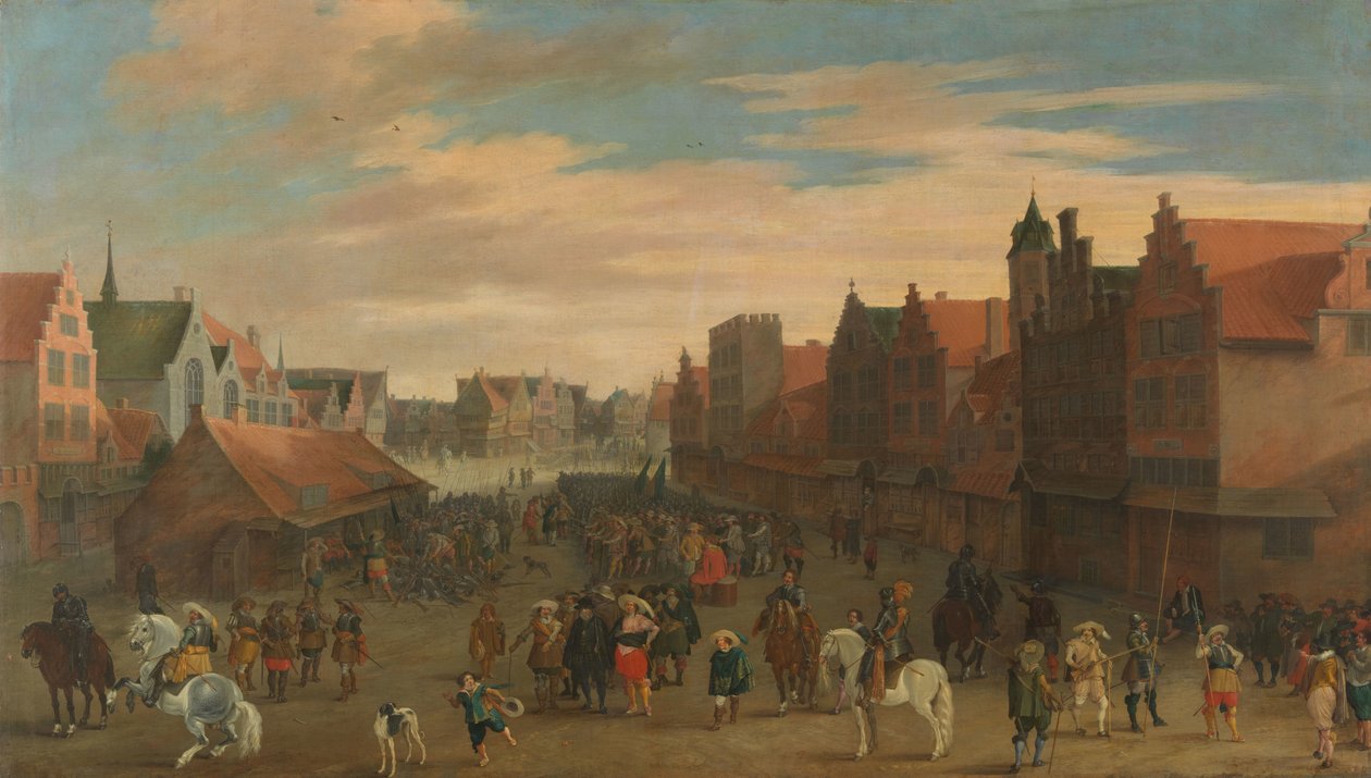 Rozwiązanie „Waardgelders” (najemnicy na żołdzie rządu miejskiego) przez księcia Mauritsa na Neude, Utrecht, 31 lipca 1618 autorstwa Pauwels van Hillegaert