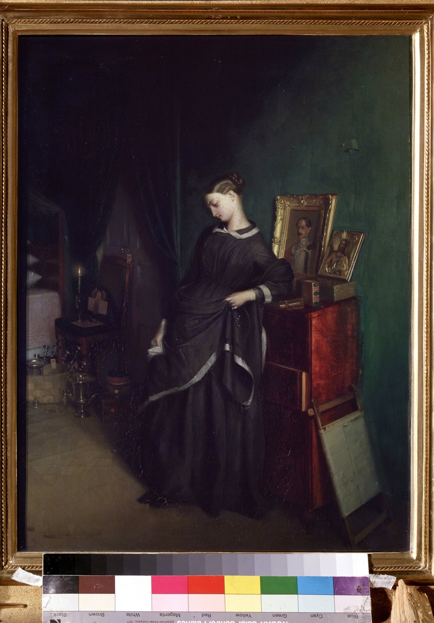 „Młoda wdowa” Za nią portret zmarłego męża. Obraz Pavla Andreevicha Fedotova (1815-1852) Około 1850 r. Państwowa Galeria Trietiakowska, Moskwa autorstwa Pavel Andreevich Fedotov