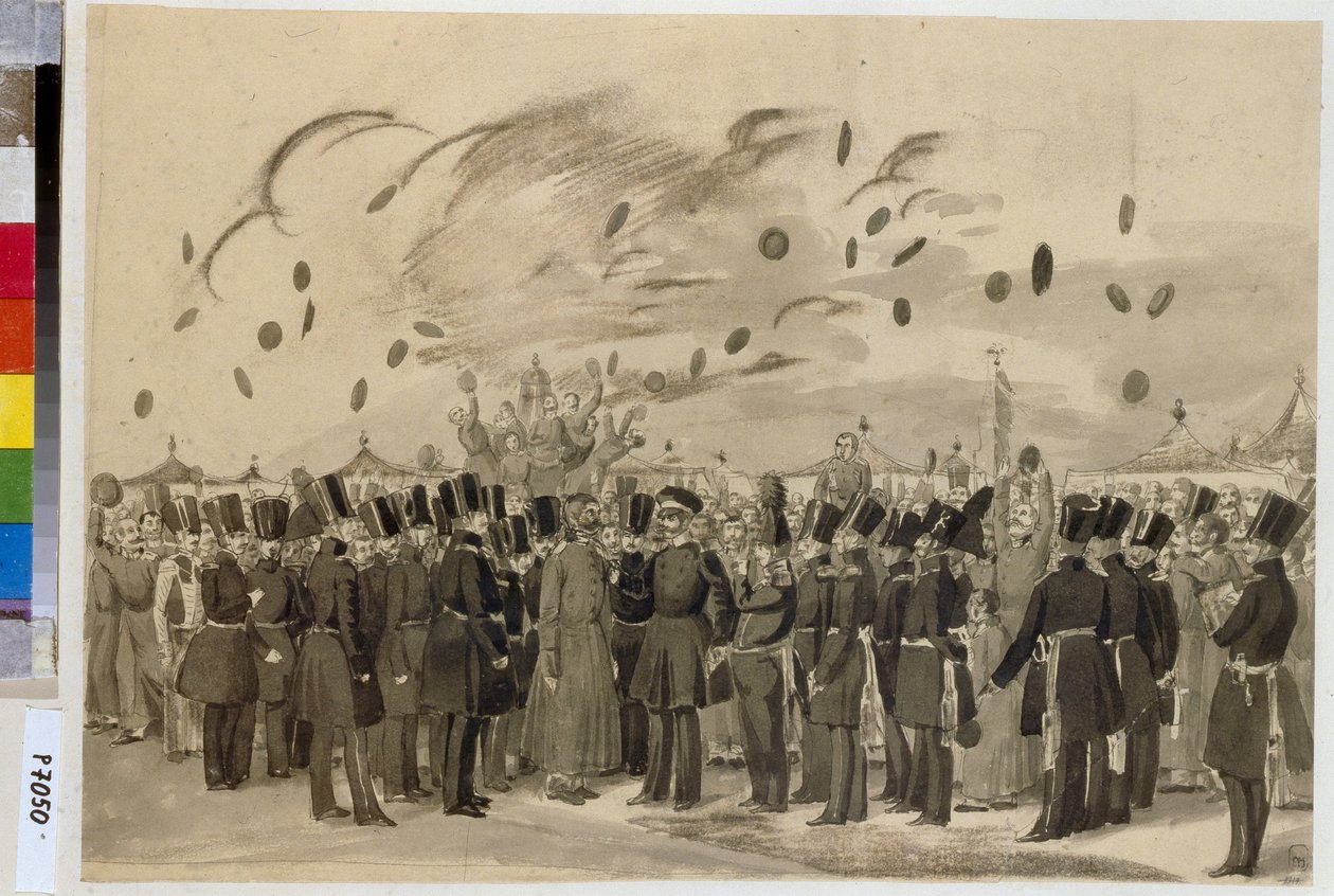 Wielki Książę Michał Pawłowicz (1798-1849) odwiedza Obóz Fińskiego Pułku Gwardii Cesarskiej (lub Finliandski Pułk Gwardii), 8 lipca 1837 r. (Wielki Książę Michaił Pawłowicz Odwiedza Obóz Pułku Straży Życia w Finlandii 8 lipca autorstwa Pavel Andreevich Fedotov