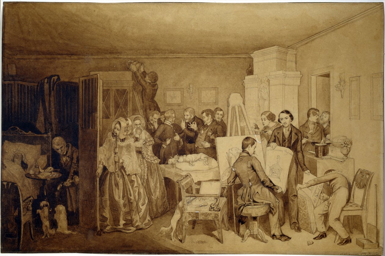Konsekwencje śmierci Fidelki - Praca Pawła Andriejewicza Fedotowa (1815-1852), tusz indyjski i sepia na papierze autorstwa Pavel Andreevich Fedotov