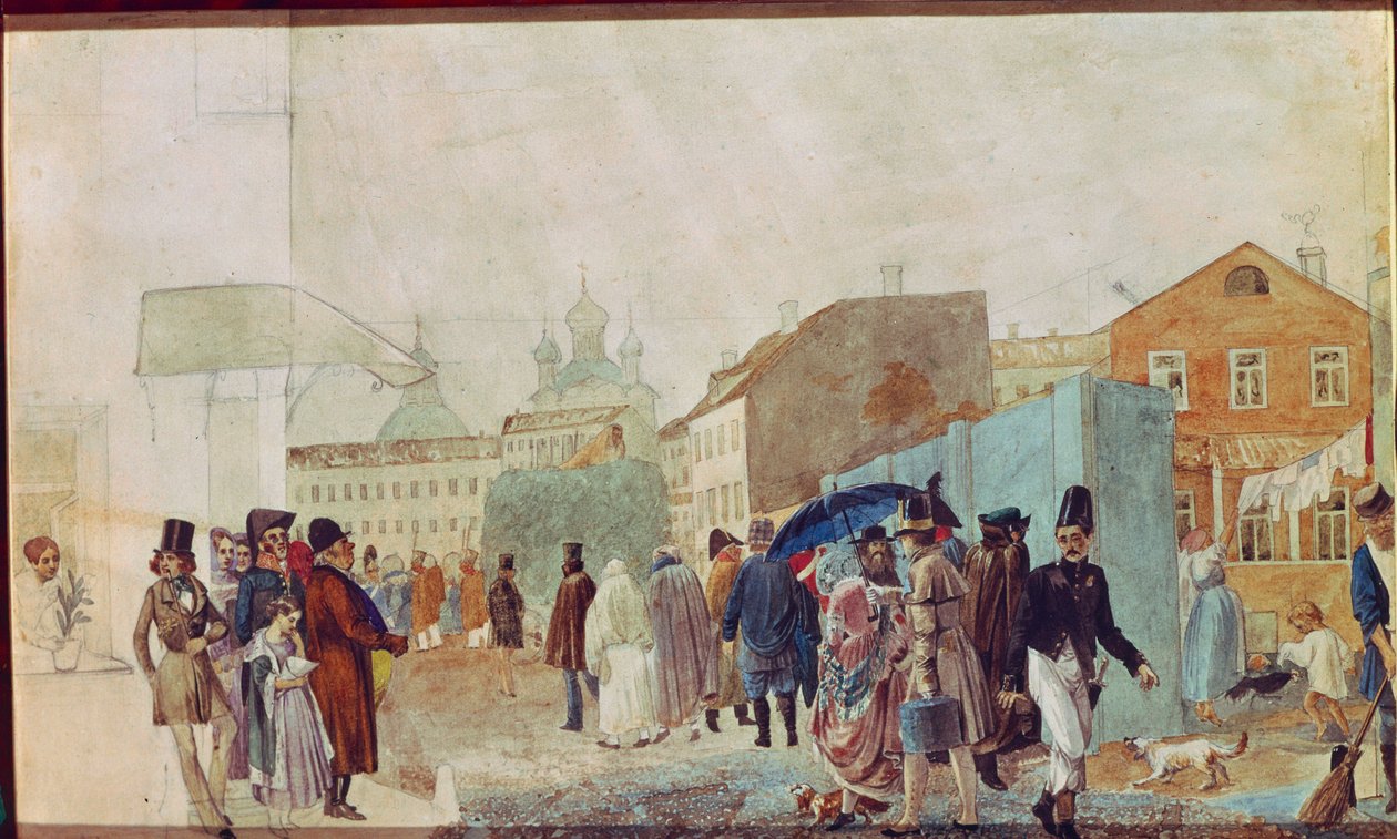 Scena ulicy w deszczu w Moskwie. Praca Pavel Andreyevich Fedotov (1815-1852), akwarela na papierze autorstwa Pavel Andreevich Fedotov