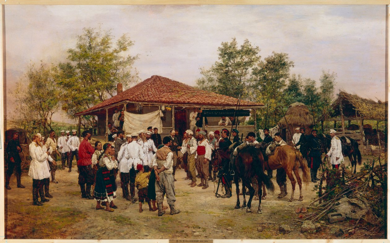 Wojna rosyjsko-turecka (rosyjsko-turecka) z lat 1877-1878: dwanaście korpusów armii rosyjskiej podczas bitwy pod przełęczą Szipka w Bułgarii (sztab 12 korpusu armii w Bułgarii w 1877 r.). Obraz Pavela Osipovicha Kovalevsky
