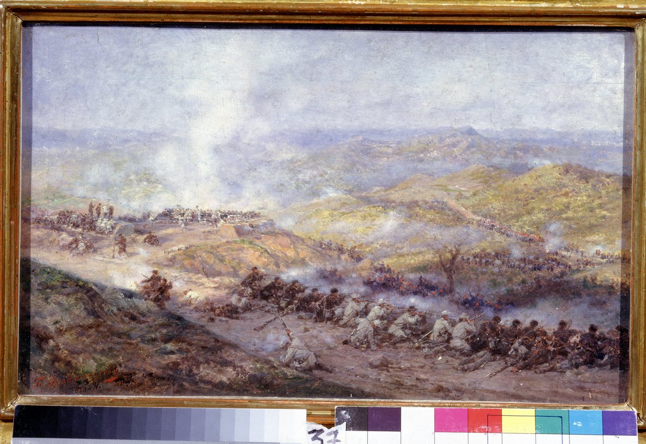 Scena rosyjskiej wojny tureckiej (1876-1878) (Scena rosyjskiej wojny tureckiej). Pole bitwy na Bałkanach, gdzie ścierają się żołnierze armii rosyjskiej i Imperium Osmańskiego podczas oblężenia Plewen (lub Plewen w Bułgarii) w 1877 roku. autorstwa Pavel Osipovich Kovalevsky