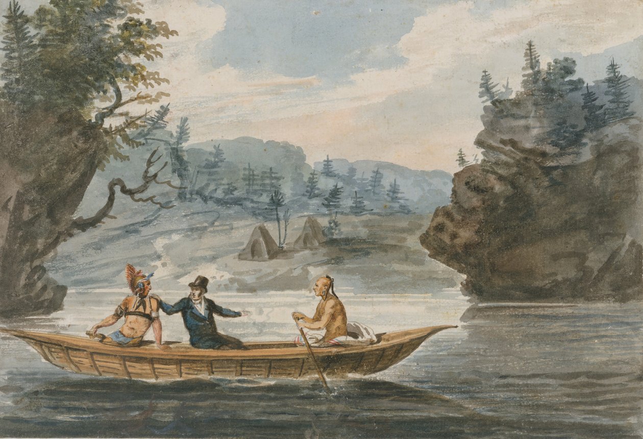 Dwóch Indian i biały człowiek w canoe, 1811-ca. 1813. autorstwa Pavel Petrovic Svin
