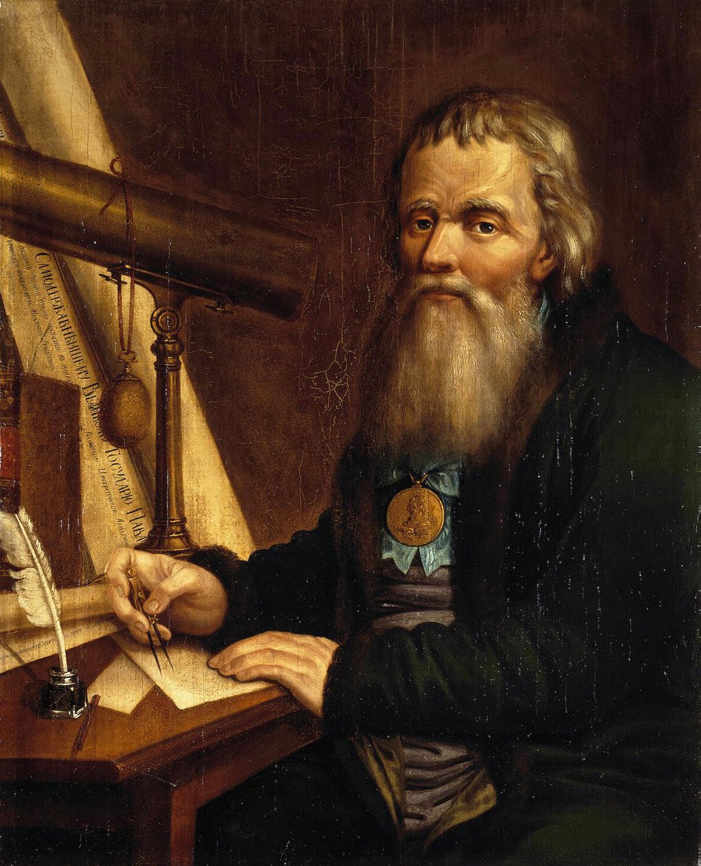 Portret Iwana Pietrowicza Koulibina (Kulibina) (1735-1818), rosyjskiego wynalazcy i mechanika, przy użyciu cyrkla (Portret mechanika i wynalazcy Iwana P. Kulibina). Malarstwo Pawła Pietrowicza Vedenetsky