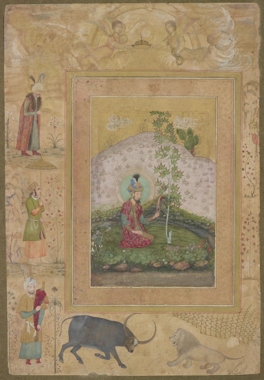 Humajun siedzący w krajobrazie, z późnego albumu Shah Jahan, oddzielne folio albumu, ok. 1650 autorstwa Payag