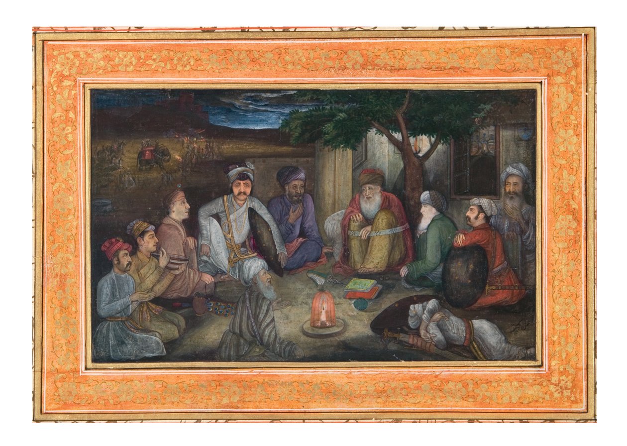 Podróżni zebrani w nocy, ok. 1640 (wc i złoto na papierze) autorstwa Payag