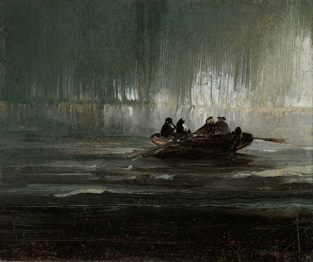 Zorza polarna nad czterema mężczyznami w łodzi wiosłowej autorstwa Peder Balke
