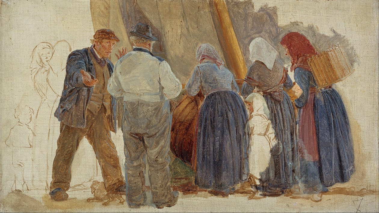 Poranek w Hornbæk. Targowanie się mężczyzn i kobiet autorstwa Peder Severin Krøyer