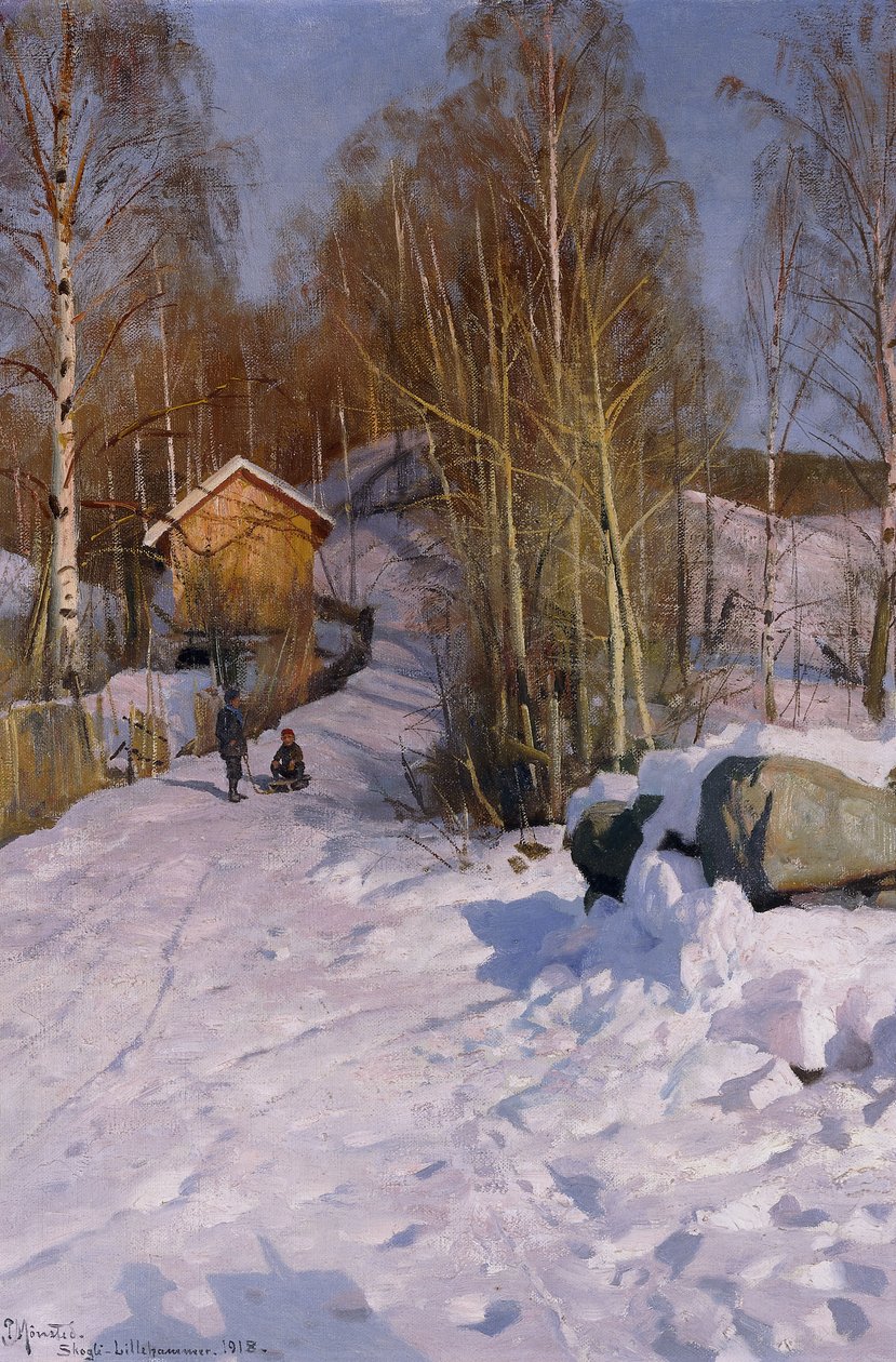 Zimowy krajobraz z dziećmi na sankach autorstwa Peder Monsted