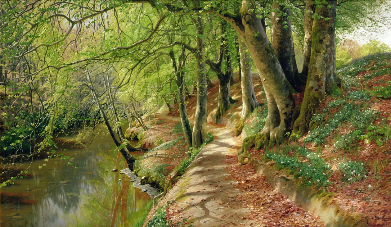 Zalesiony krajobraz rzeczny (olej na płótnie) autorstwa Peder Monsted