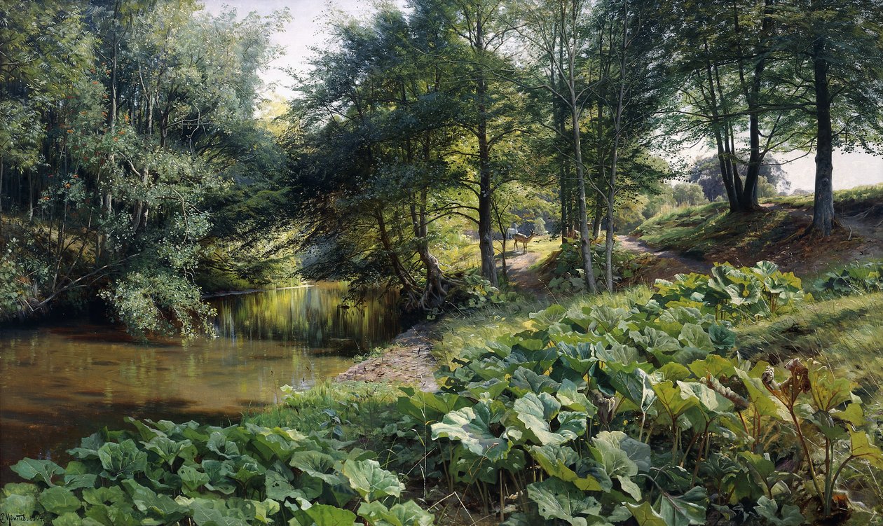 Zalesiony krajobraz rzeki z jeleniem za nimi autorstwa Peder Monsted