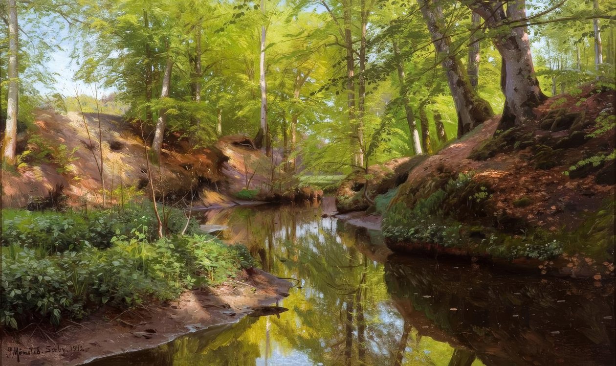 P.Mönsted, słoneczny dzień nad leśnym strumieniem autorstwa Peder Monsted