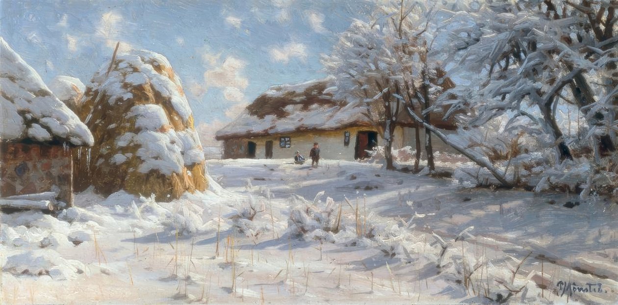 Pokryty śniegiem krajobraz wsi z dziećmi na sankach autorstwa Peder Monsted