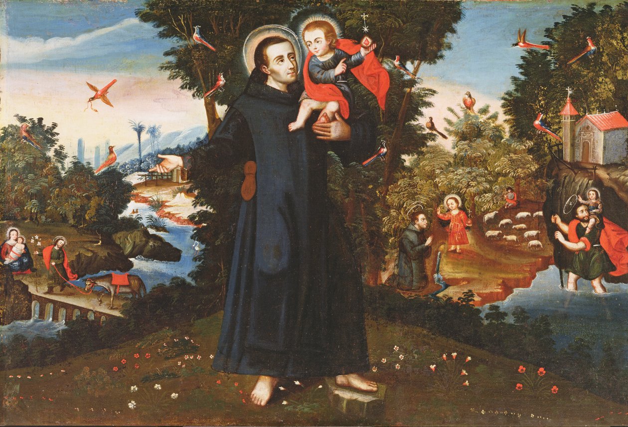 Św. Jan Boży (1495-1550) z Dzieciątkiem Jezus, Św. Krzysztof, Św. Augustyn i Ucieczka do Egiptu autorstwa Pedro Nolasco y Lara