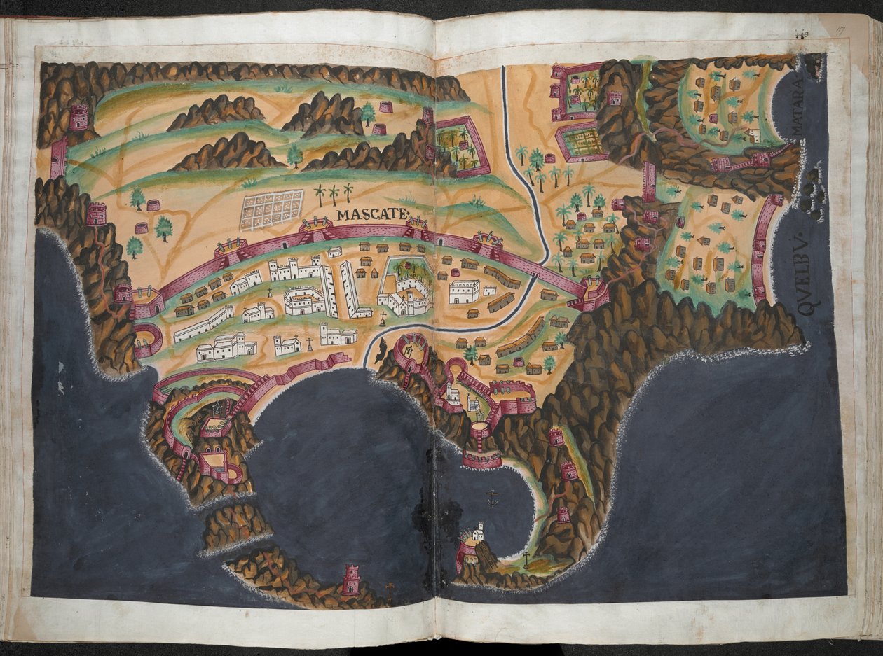 Plan lub widok Mascate [Muscat], ok. 1635 r. (pigment na papierze) autorstwa Pedro Barretto de Resende