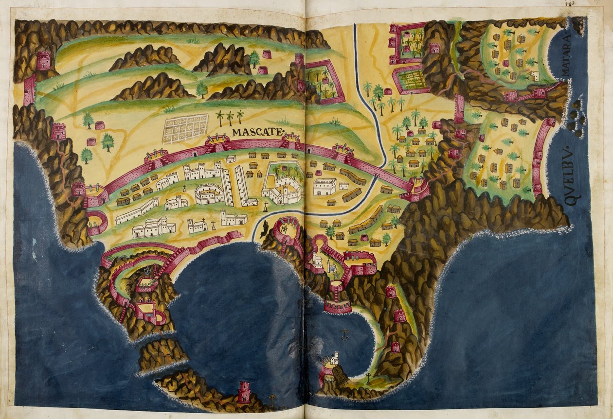 Poniżej portugalska ilustracja Muscatu, z rękopisu Livro do Estado da India Oriental Pedro Barreto de Resende, Sloane MS 197. autorstwa Pedro Barretto de Resende