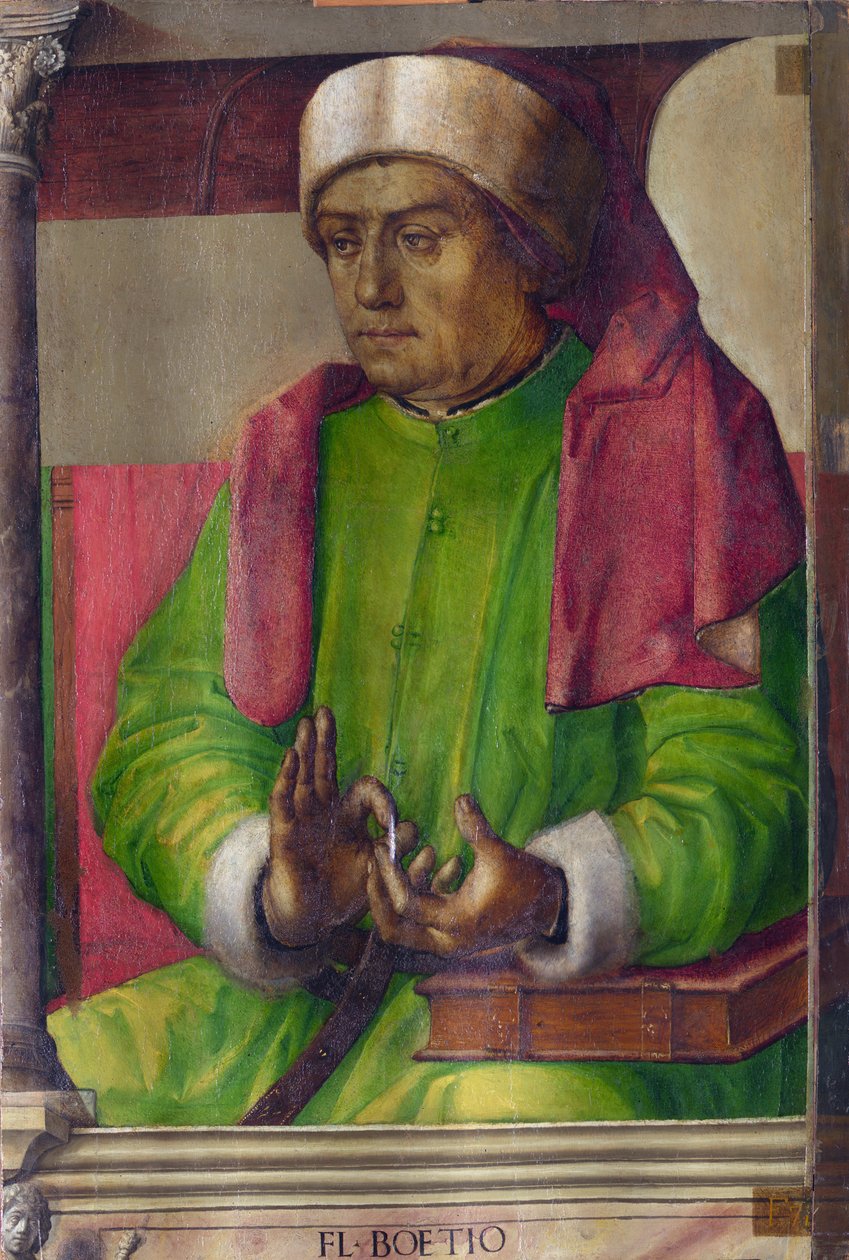 Boece (480-524) - Boethius par Berruguete, Pedro (1450-1503). Olej na drewnie, format: 97x63, ok. 1473-1475, Galeria Narodowa Marchii, Urbino autorstwa Pedro Berruguete
