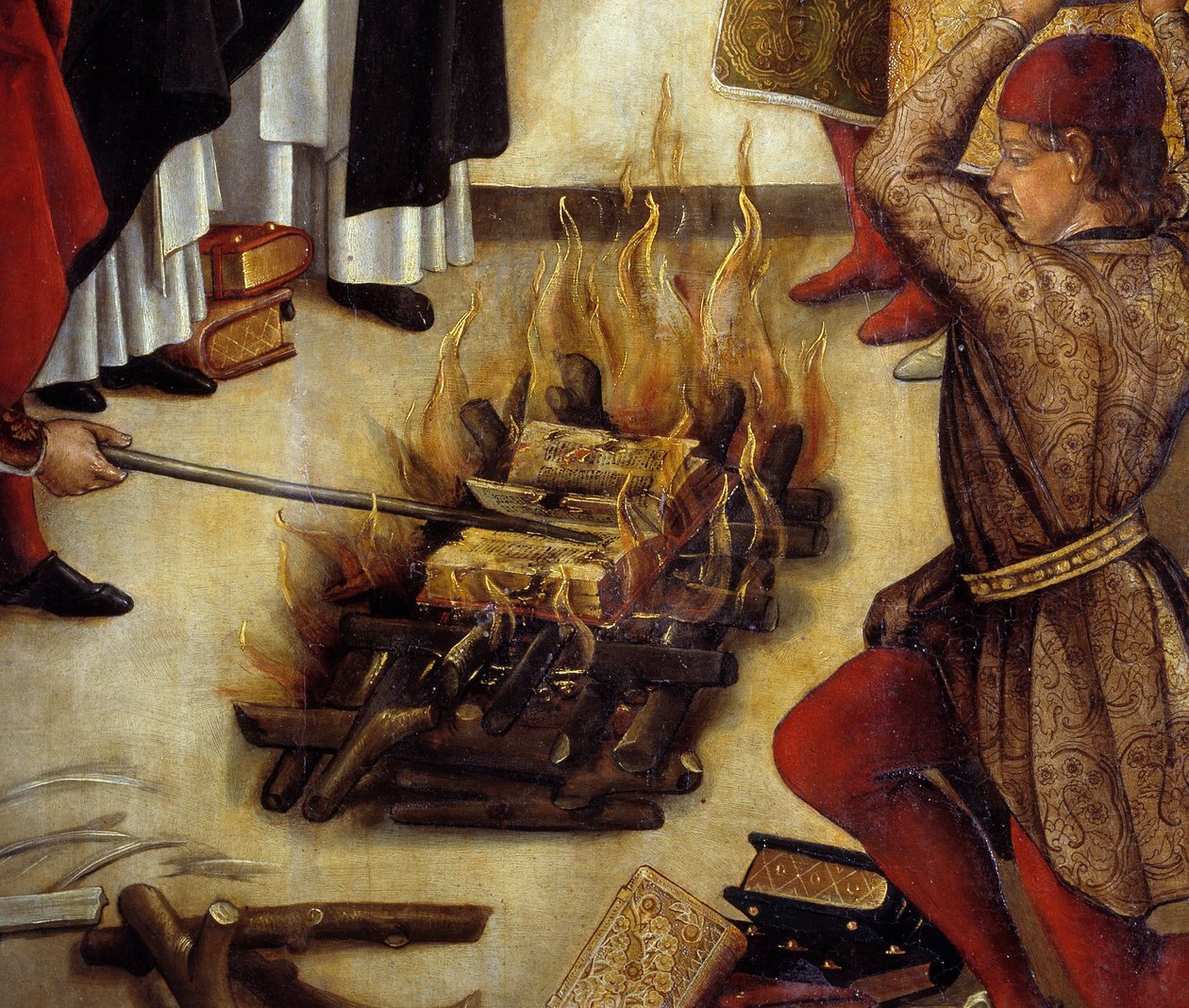 Szczegół „” Saint Dominique et les Albigeois”” (Le Miracle des Fanjeaux): święty daje Albigeois księgę obalająca ich herezję, a albigeois próbują ją spalić, bez powodzenia. Obraz Pedro Berruguete (1450-1504). XVI w. niedz. 1,22 x 0 autorstwa Pedro Berruguete