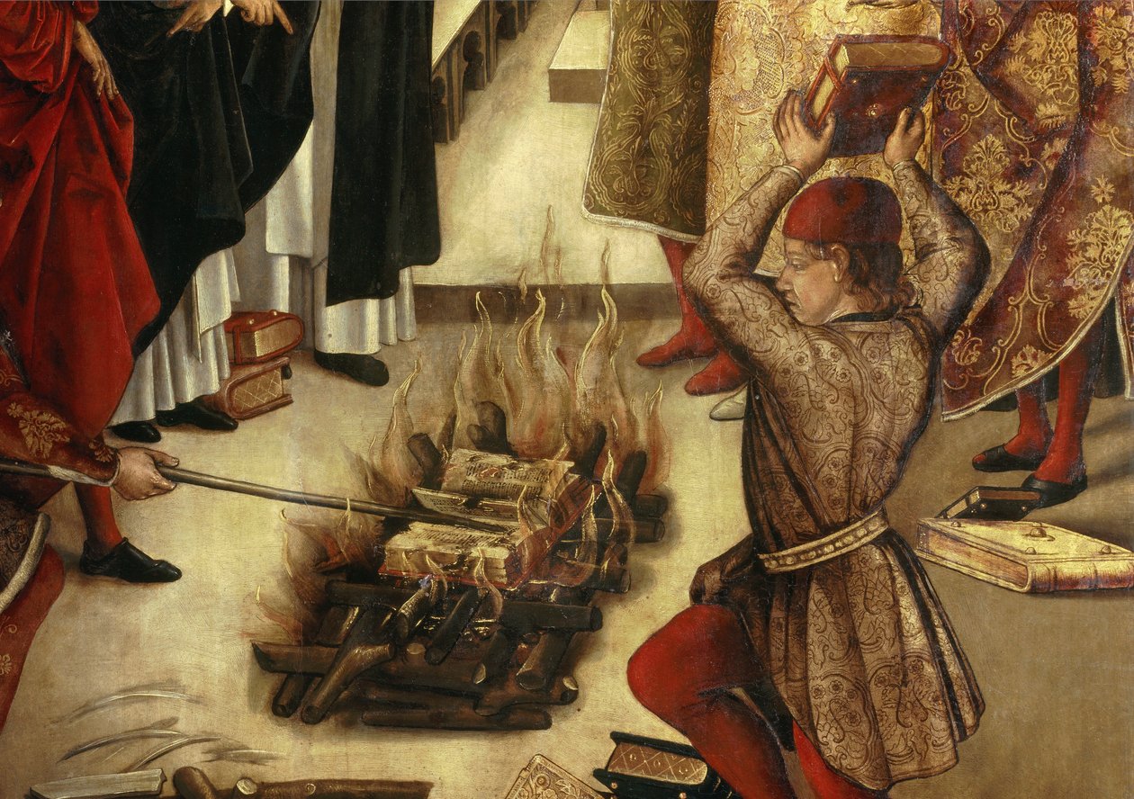 Szczegół „” Saint Dominique et les Albigeois”” (Le Miracle des Fanjeaux): święty daje Albigeois księgę obalająca ich herezję, a albigeois próbują ją spalić, bez powodzenia. Szczegół. Obraz Pedro Berruguete (1450-1504). XVI w. niedz. autorstwa Pedro Berruguete