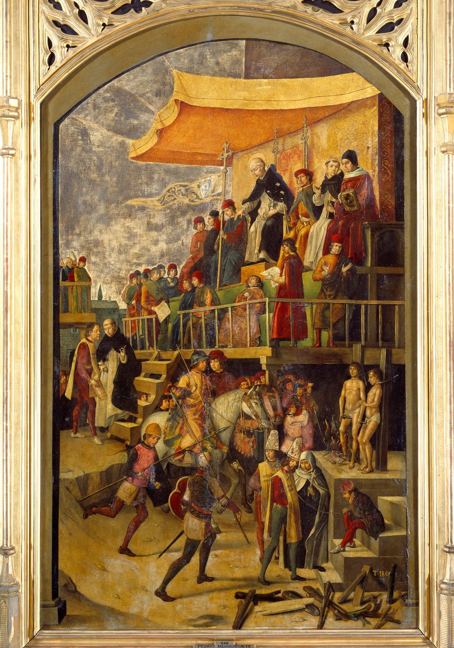 Inkwizycja „” Autodafe przewodniczy św. Dominice de Guzman (1170-1221), założycielka zakonu dominikanów”” Obraz na drewnie: Pedro Berruguete (1450-1504) 1495 nd. 1,54x0,92 m Madryt, Musee du Prado autorstwa Pedro Berruguete