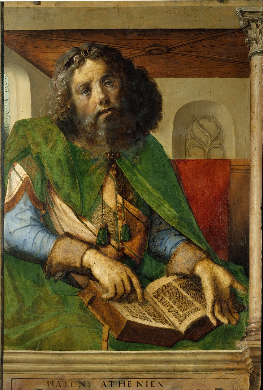 Portret Platona (428-348 pne), filozofa starożytnej Grecji. (h s/wood 1,01 x 0,69) obraz Berruguete Pedro (1450-1504). autorstwa Pedro Berruguete