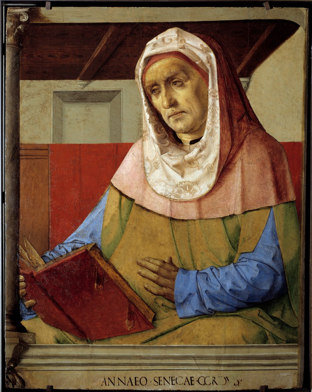 Portret Seneque (Lucjusz Annaeus Seneka, 4 pne-65 ne JC), filozofa szkoły stoickiej, dramaturga i rzymskiego męża stanu. Obraz Pedro Berruguete (około 1450-przed 1500) i Just From Ghent (1435-1480) Ec. Bujda autorstwa Pedro Berruguete