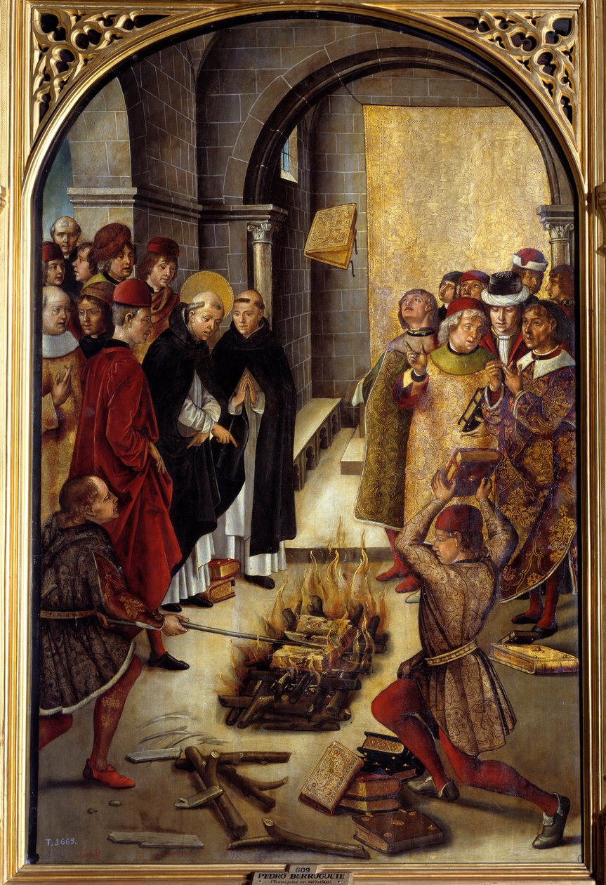 Święty Dominique i Albigeois (Le Miracle des Fanjeaux): święty daje Albigeese księgę obalająca ich herezję, a albigeerzy próbują ją spalić, bez powodzenia. Obraz Pedro Berruguete (1450-1504). XVI w. niedz. 1,22 x 0,83 m Madryt, autorstwa Pedro Berruguete