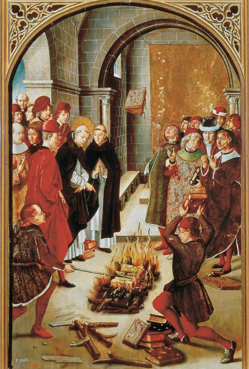 Św. Dominik i albigensi (olej na desce, ok.1493-1499) autorstwa Pedro Berruguete