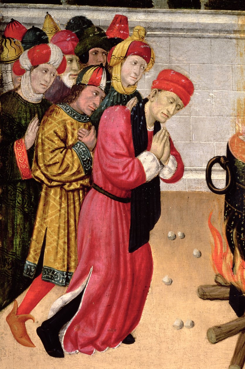 Grupa wiernych nawróconych, fragment z Ołtarza św. Quirze i św. Julity autorstwa Pedro García de Benabarre