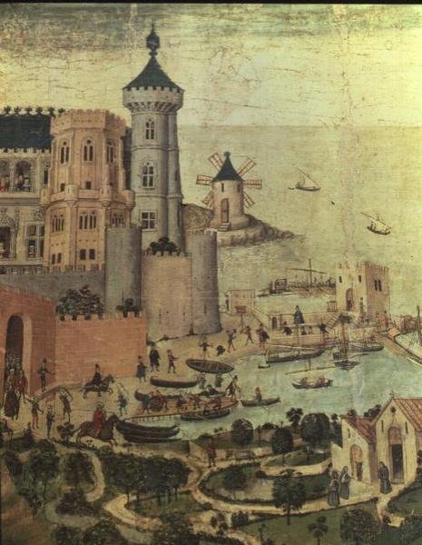 Port Majorki z Almudaine Towers, podczas podboju miasta przez Jakuba I (szczegół) autorstwa Pedro Nisart