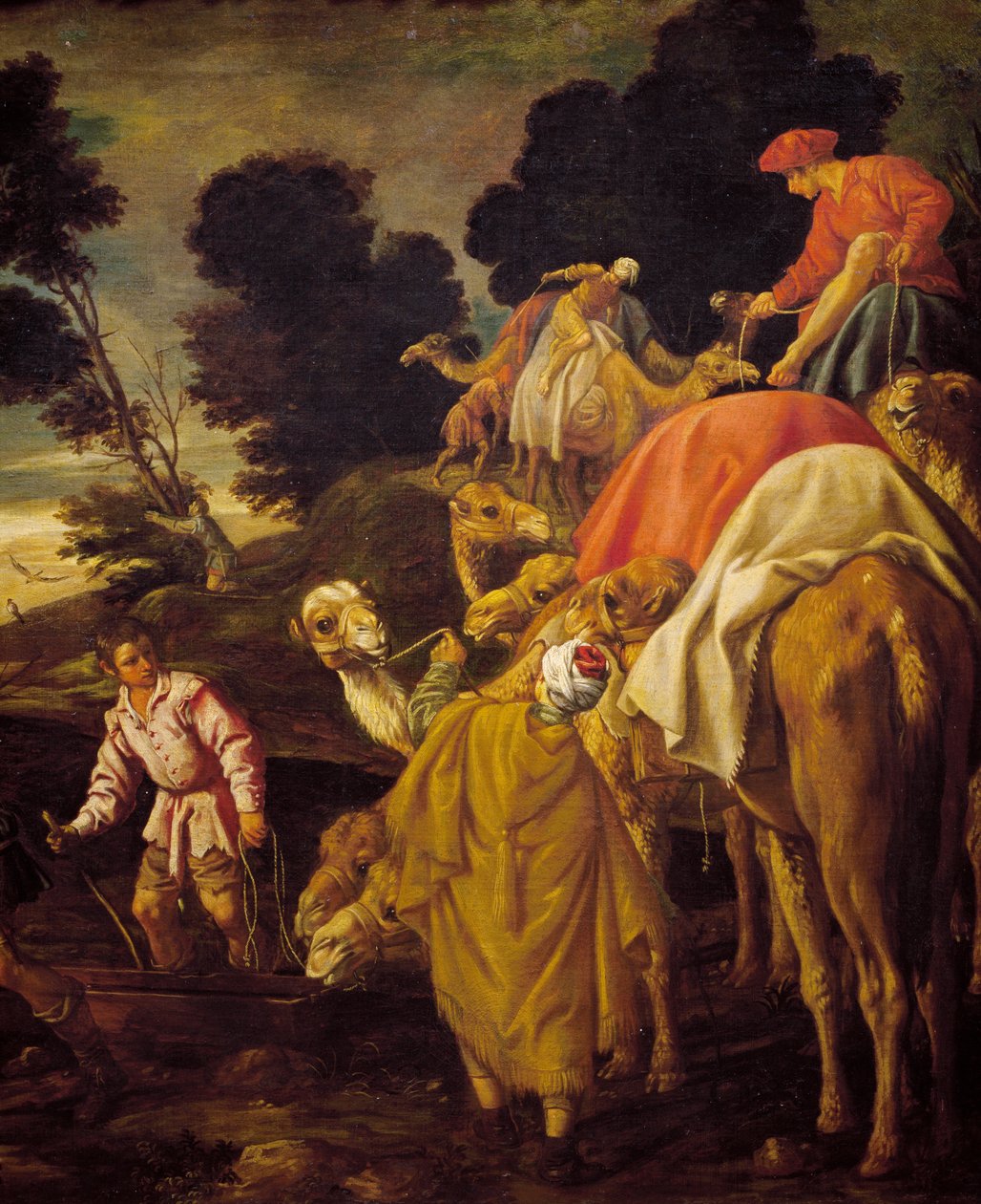 Karawana wielbłądów, fragment Rebeki, w której Eliezer pije ze studni, obraz Pedro Orrente (ok. 1580-1645), Hiszpania autorstwa Pedro Orrente