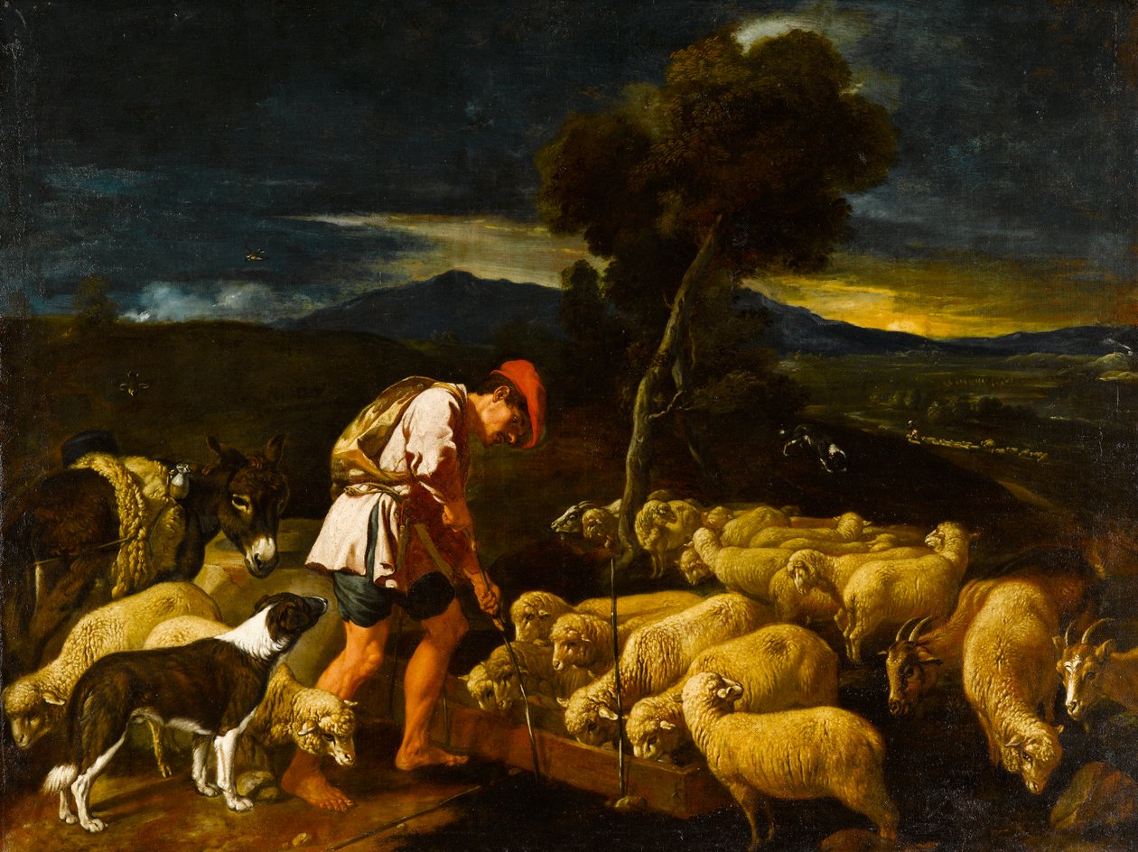 Jakub pojący owce Labanów przed obranymi gałęziami, ok. 1612-1622 autorstwa Pedro Orrente