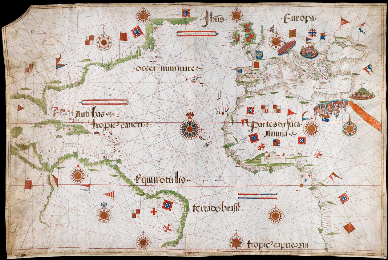 Mapa Oceanu Atlantyckiego, Morza Śródziemnego i Morza Czarnego, ok. 1535 r. (welin, papier) autorstwa Pedro Reinel