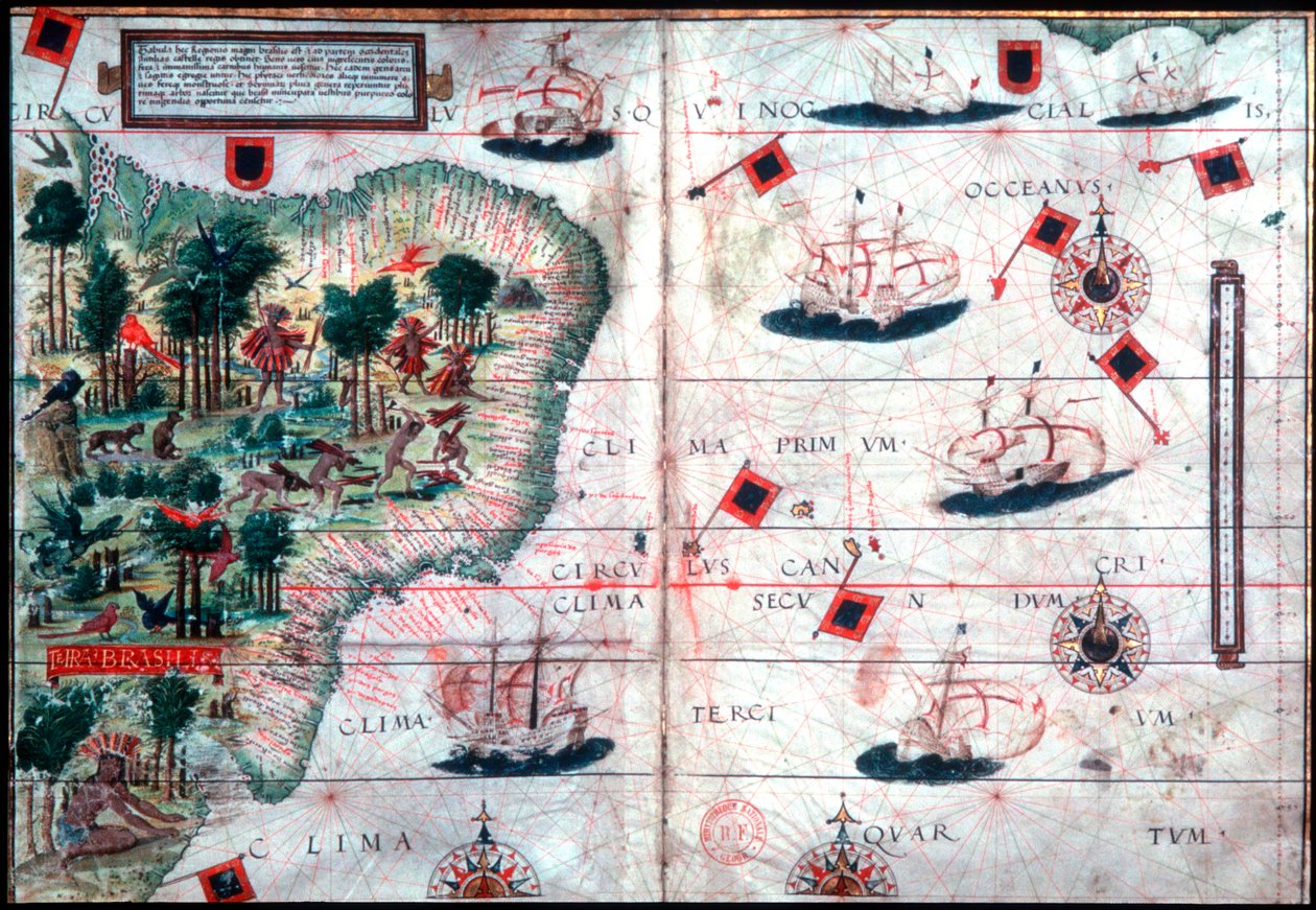 Mapa Brazylii autorstwa portugalskich żeglarzy Pedro Reinel i Lopo Homen, c1525. autorstwa Pedro Reinel
