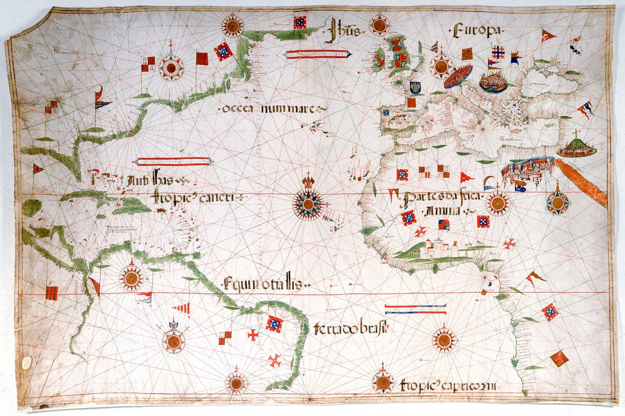 Portulana mapa Oceanu Atlantyckiego, Morza Śródziemnego i Morza Czarnego, ok. 1535 r. (welin, papier) autorstwa Pedro Reinel