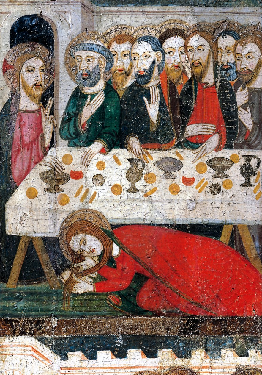 Maria Magdalena myjąca stopy Chrystusa włosami, autorstwa Pedro Serra lub Pere Serra (czynna w latach 1363-1399), malująca na drewnie. autorstwa Pedro Serra