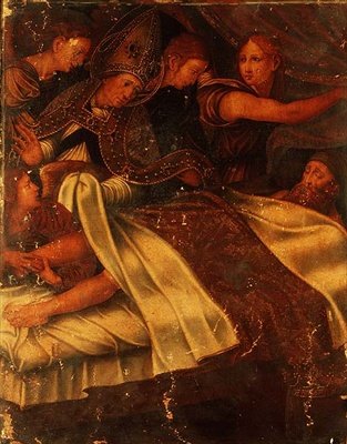 Cudowne uzdrowienie króla Katalonii i Aragonii Martina „El Humano” (1356-1410) przez biskupa Barcelony, z ołtarza św. Sewera autorstwa Pedro and Fernandes Enrique (d.1546) Nunyes