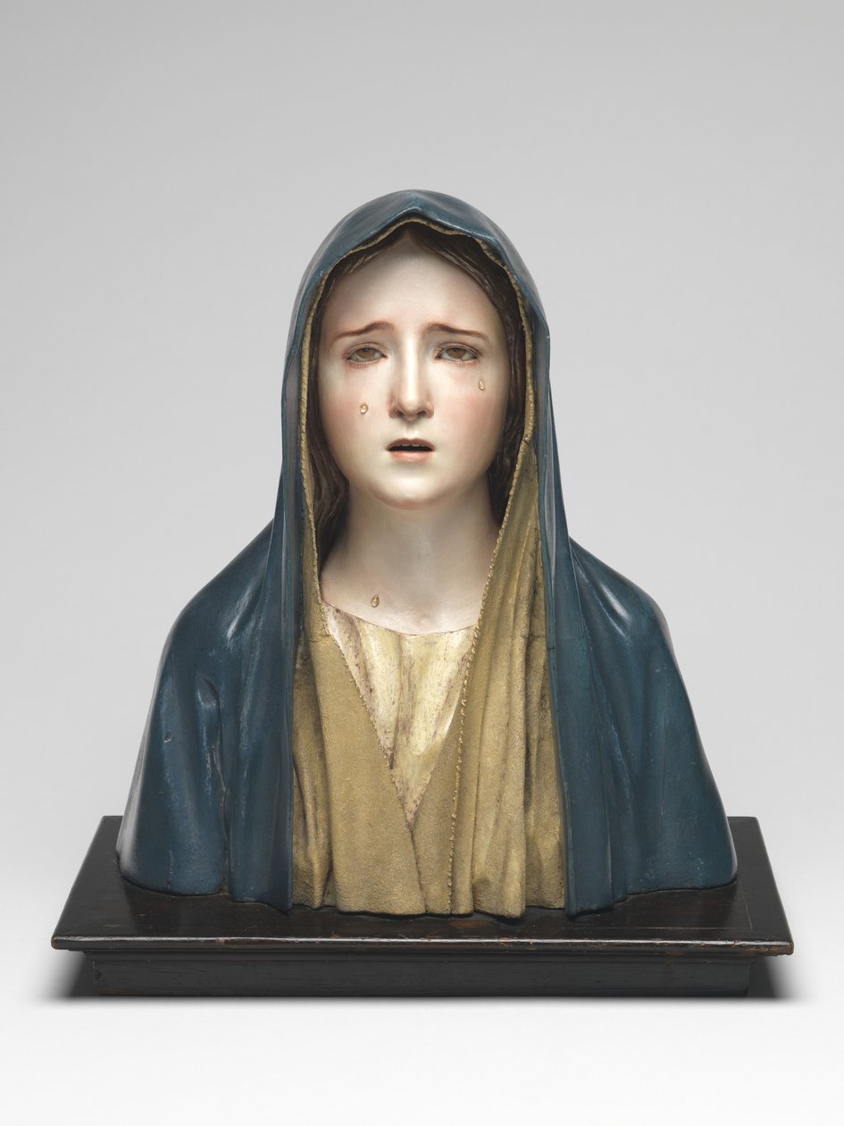 Matka Boska Bolesna Mater Dolorosa (drewno polichromowane, szkło, sierść zwierzęca) autorstwa Pedro de Mena