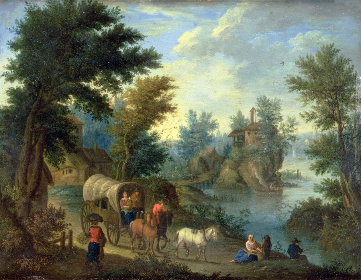 Zalesiony krajobraz rzeki z podróżnikami (olej na miedzi) autorstwa Peeter van Bredael