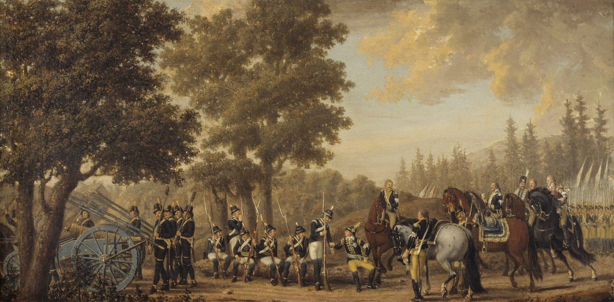 Król Szwecji Gustaw III i żołnierz, odcinek z wojny rosyjskiej 1789 autorstwa Pehr Hilleström