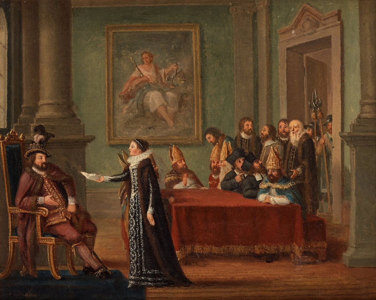 Christine Gyllenstierna (1494-1559) z listem zabezpieczającym przed królem Danii Christianem II (1481-1559) - Christina Gyllenstierna z listem zabezpieczającym przed Christianem II autorstwa Hillestroem, Pehr (1732-1816). Olej na płótnie, rozmiar: 42 autorstwa Pehr Hilleström